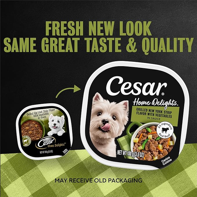 Cesar Home Delights Adult Wet Dog Food, Grilled New York Strip Flavor with Vegetables in Sauce, 3.5 oz. Easy Peel Dog Food Tray, 24 Count (Pack of 1)