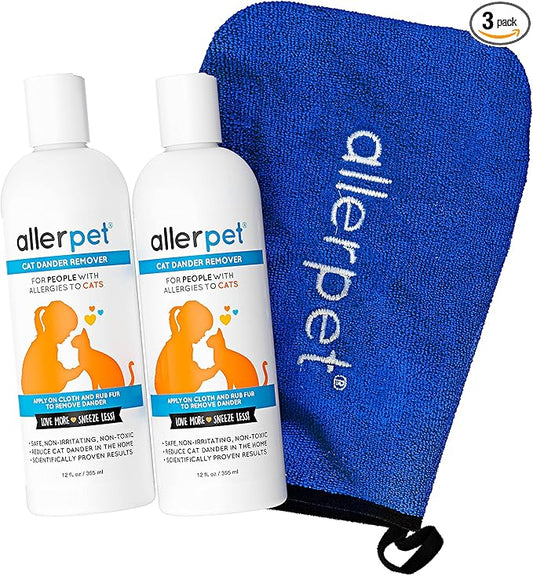 Allerpet Cat Dander Remover w/Free Applicator Mitt - Effective Cat Dander Reduction - Anti Allergen Solution Made in USA - 2 Pack (12oz)