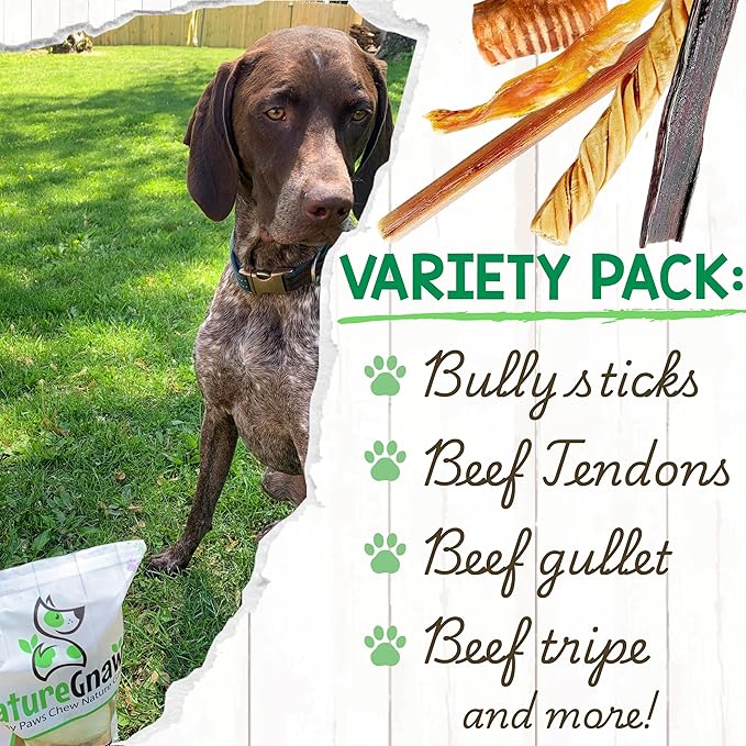 Nature Gnaws Variety Pack for Large Dogs (12 Count) - Bully Sticks, Beef Tendons and Tripe Twists for Dogs - Natural Long Lasting Beef Dog Chew Bones - Rawhide Free
