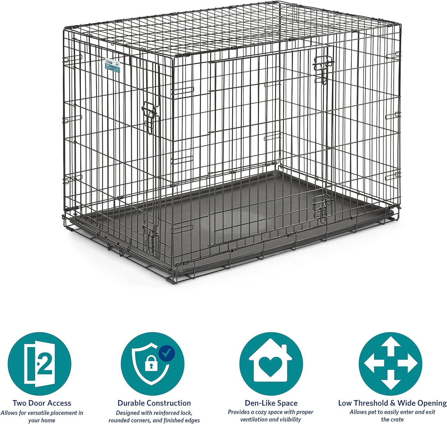 MidWest Homes for Pets 42-Inch Two-Door iCrate Folding Dog Crate with Divider Panel, Leak-Proof Tray & Secure Latches – Metal Wire Kennel for Large Breeds – Portable, Durable & Easy to Assemble