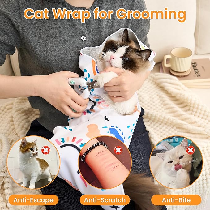21.7'' Cat Grooming Wrap for Cutting Nails Self-Adhesive Soft Polyester Fabric Swaddle Wrap for Cats Anti-Scratch Anti-Escape Restraint for Nail Clipping Pet Cleaning and Beauty (Versatile Cat,L)