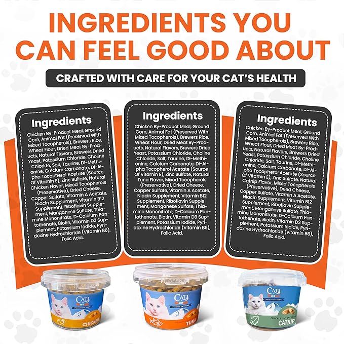 Scoochie Pet Cat by Scoochie – Assortment Flavored Cat Treats, Crunchy Outside & Creamy Inside, 3 | 8.8 oz Tubs (Tuna, Chicken & Catnip)