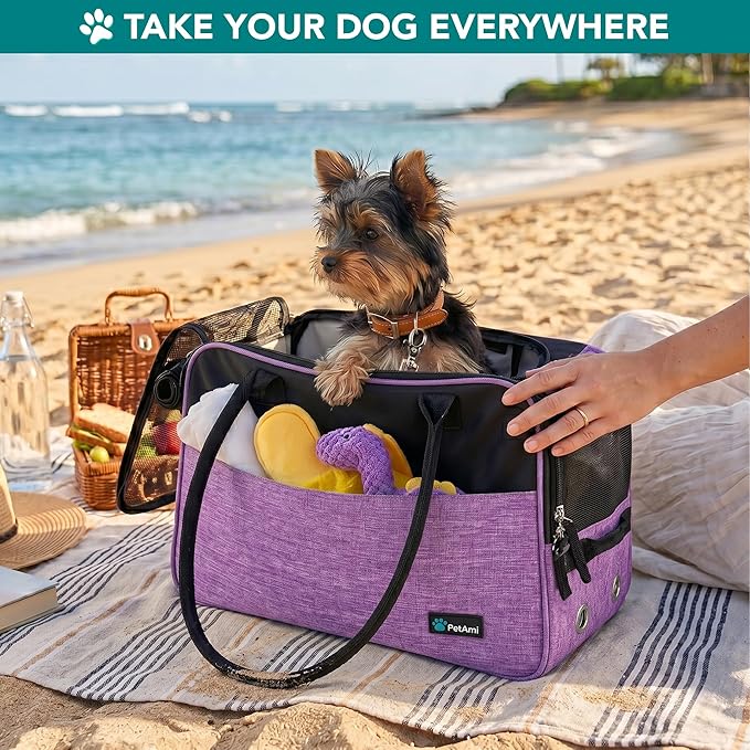 PetAmi Dog Purse Carrier for Small Dogs, Airline Approved Soft Sided Pet Carrier with Pockets, Ventilated Dog Carrying Bag for Puppy Cat, Dog Travel Supplies Bag, Sherpa Bed, Max 12 lbs, Purple