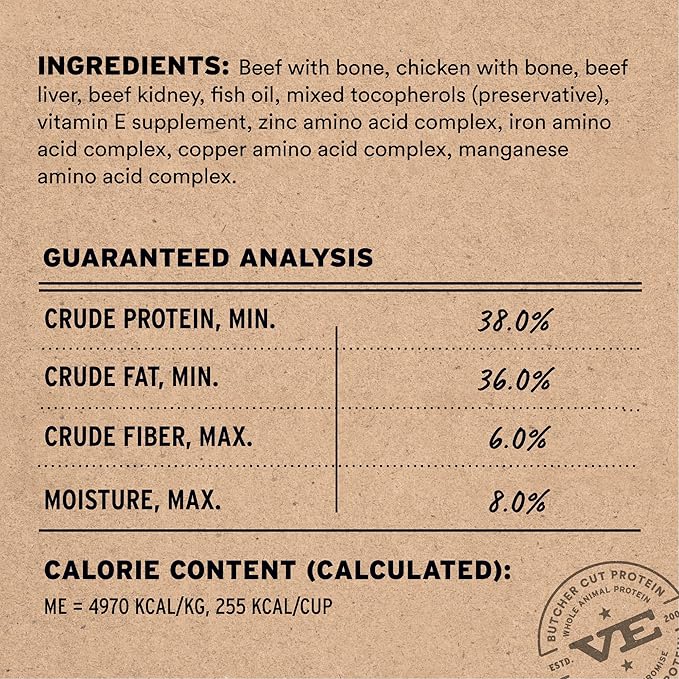 Vital Essentials Freeze Dried Cat Food, Raw Beef & Chicken Crunchy Mini Nibs | Complete Meal or Topper | 96% Beef, Chicken, Organs & Bone | High Protein, Grain Free Dry Cat Food | 12 oz Bag