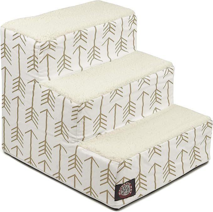 Majestic Pet 3 Step Portable Dog Stairs for Small Dogs to get on Bed Supports 25 lbs or Less – Dog Steps for High Bed with Machine Washable Cover – Pet Stairs for Cats Arrow White/Gold