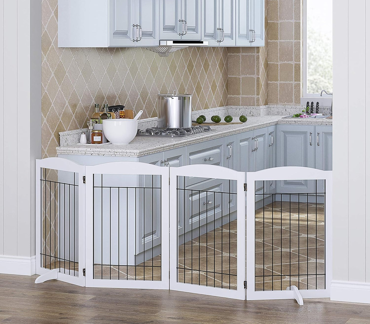 Spirich Free Standing Foldable Wire Pet Gate for Dogs, 80 inches Extra Wide, 30 inches Tall 4 Panels Dog Gate for the House, Doorway, Stairs, Pet Puppy Safety Fence,Set of Support Feet Included, White