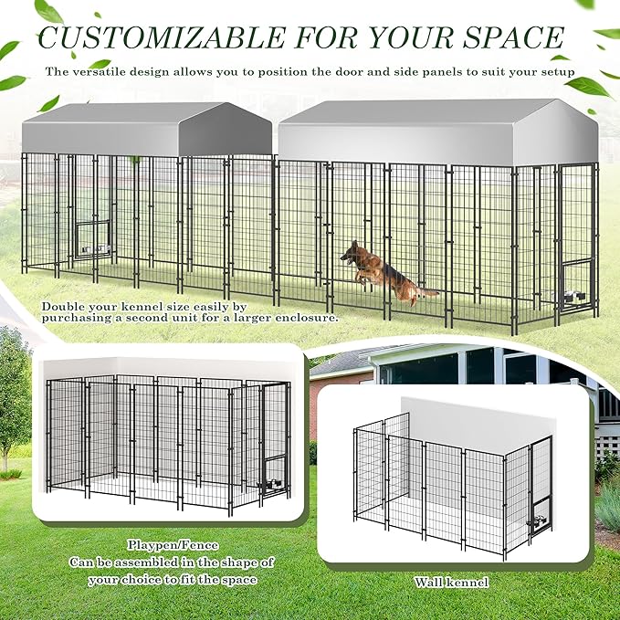 Outdoor Dog Kennel, 8x4x5.7 FT Dog Enclosure with Waterproof Roof Cover & 2 Rotating Dog Bowls for Large Dogs, Welded Wire Steel Outside Dog Fence Dogs Exercise with Secure Lock