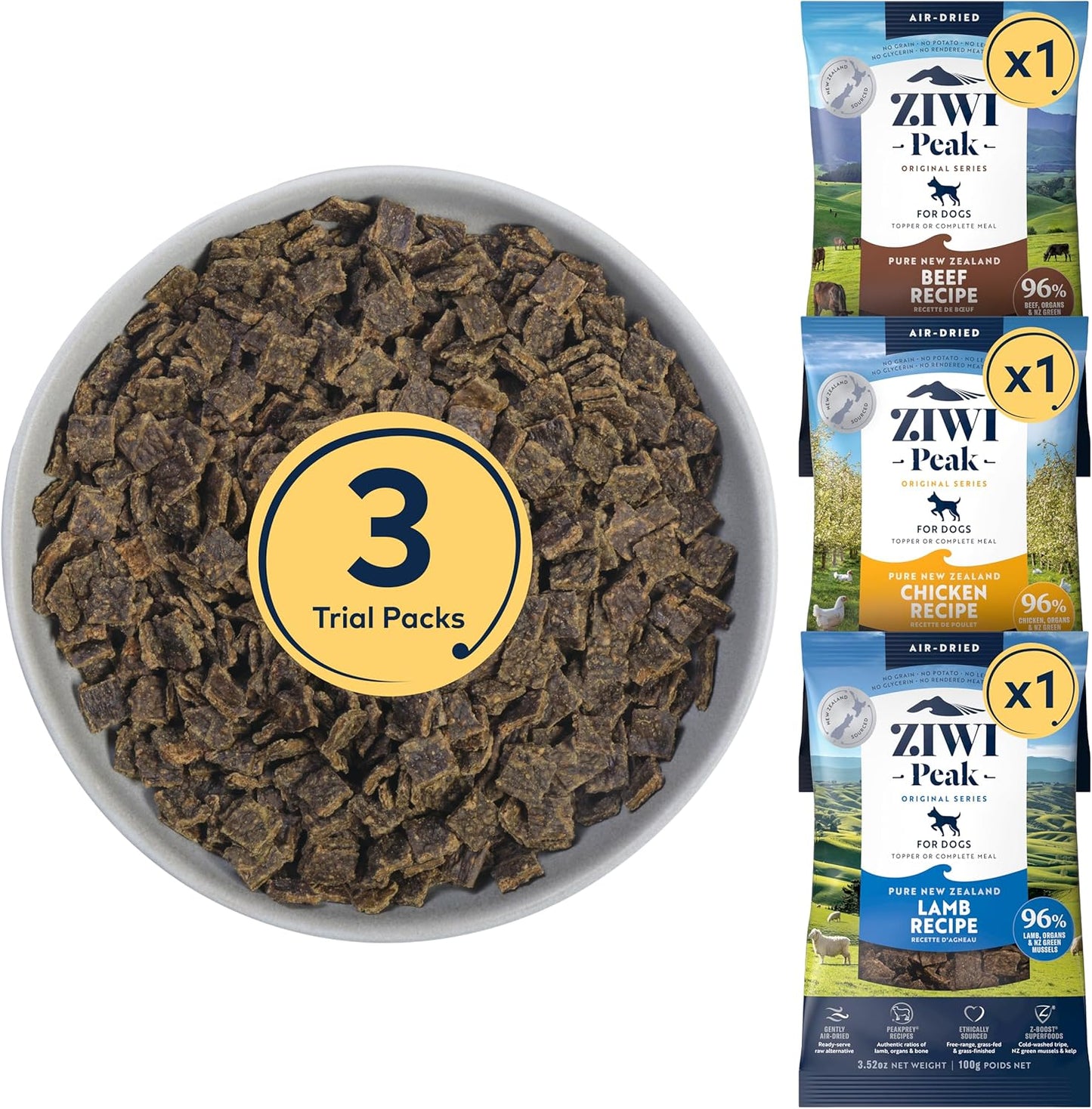 Bundle of ZIWI Peak Air-Dried Dog Food, Trial Size: Beef + Chicken + Lamb - All Natural, High Protein, Grain Free, Limited Ingredient w/Superfoods (3.5oz)