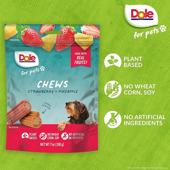 Dole for Pets Dog Chews, Assorted Strawberry + Pineapple Fruit-Flavored Treats, Real Fruit Flavor, No Artificial Colors Flavors or Preservatives, No Wheat Corn Soy, 7.05 Oz Bag
