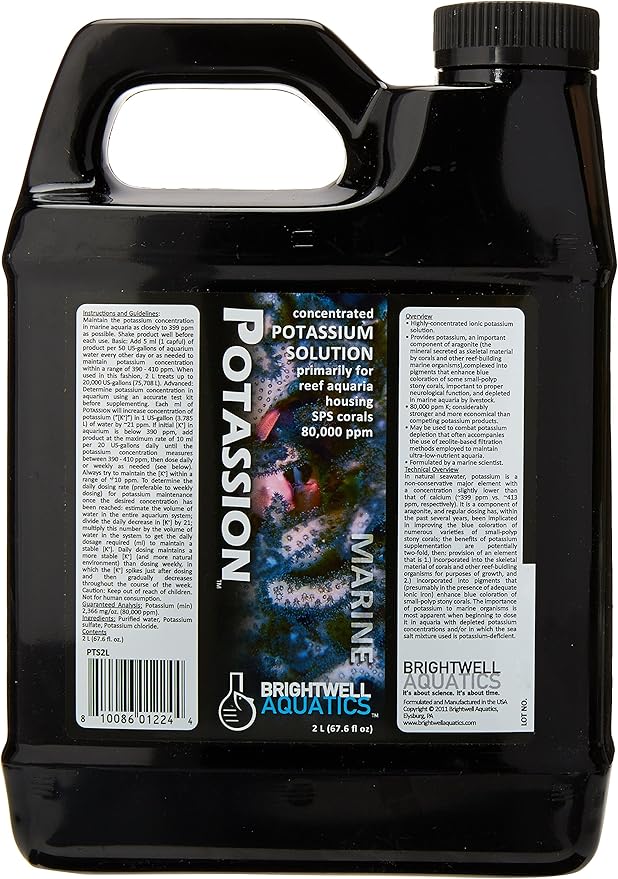 Brightwell Aquatics Potassion High-Strength Ionic Potassium Supplement for Reef Aquariums Supports Coral Growth & Color Enhances SPS LPS Invertebrate Health, 2L