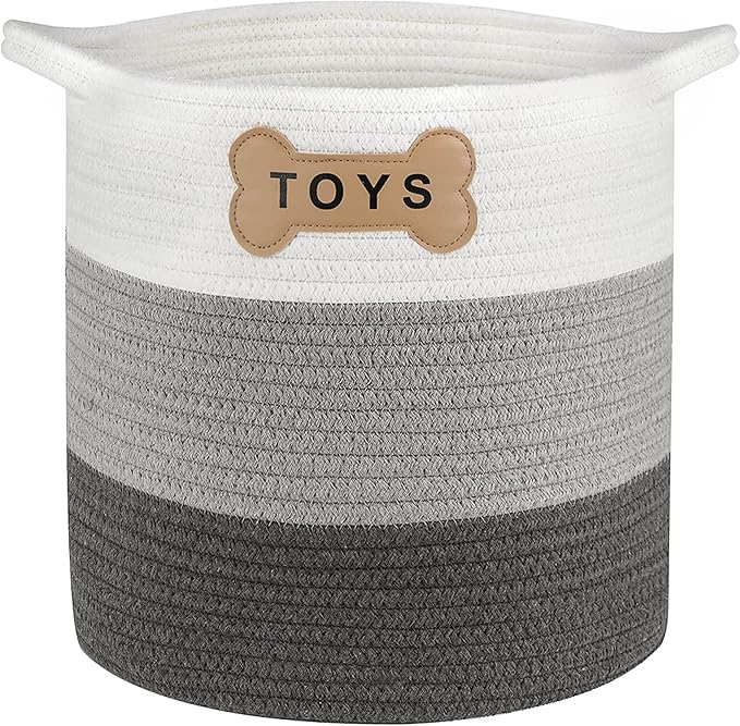 Park Life Designs Florence Dog Toy Storage Bin, Cotton Pet Organizer for Dogs, Cats, Puppies & Kittens, White-Gray Zigzag