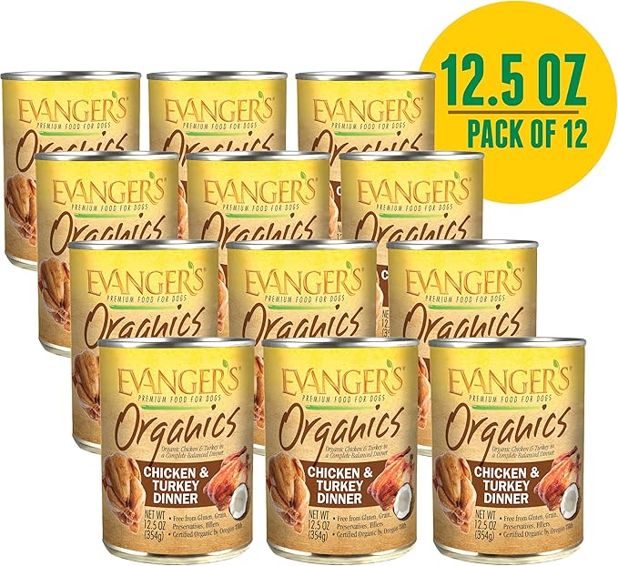 Evanger's Organics Chicken & Turkey Dinner for Dogs – 12 Count, 12.5 oz Each – Qualified Organic, Grain Free, GMO Free – Nutrient-Dense Recipe with Organic Vegetables – Wet Dog Food