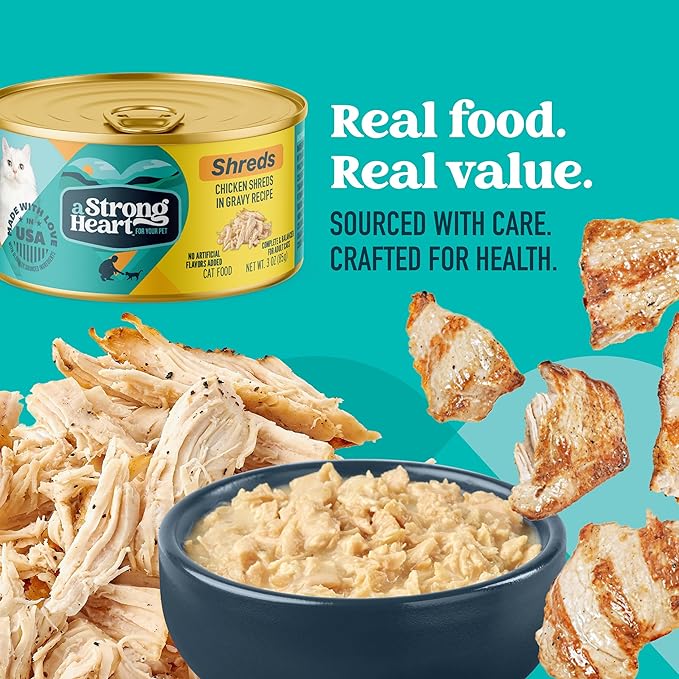 A Strong Heart Wet Cat Food, Chicken Shreds in Gravy, Made with Whole Muscle Chicken, Made in the USA, 3oz Can (Pack of 24)