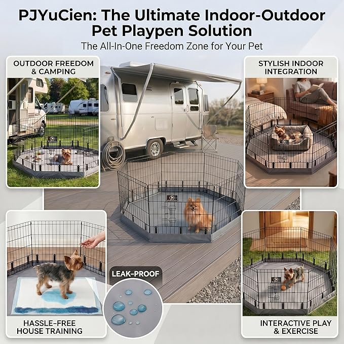 PJYuCien Dog Playpen with Bottom Pad - Metal Foldable Exercise Pen, 8 Panels 24" H x 24" W Indoor Outdoor Pet Fence Puppy Crate Kennel, Gray