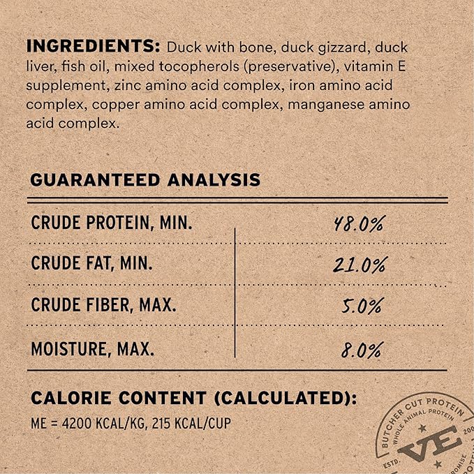 Vital Essentials Freeze Dried Cat Food, Raw Duck Crunchy Mini Nibs | Complete Meal or Topper | 96% Duck, Organs & Bone | Limited Ingredient, High Protein, Grain Free Dry Cat Food | 12 oz Bag