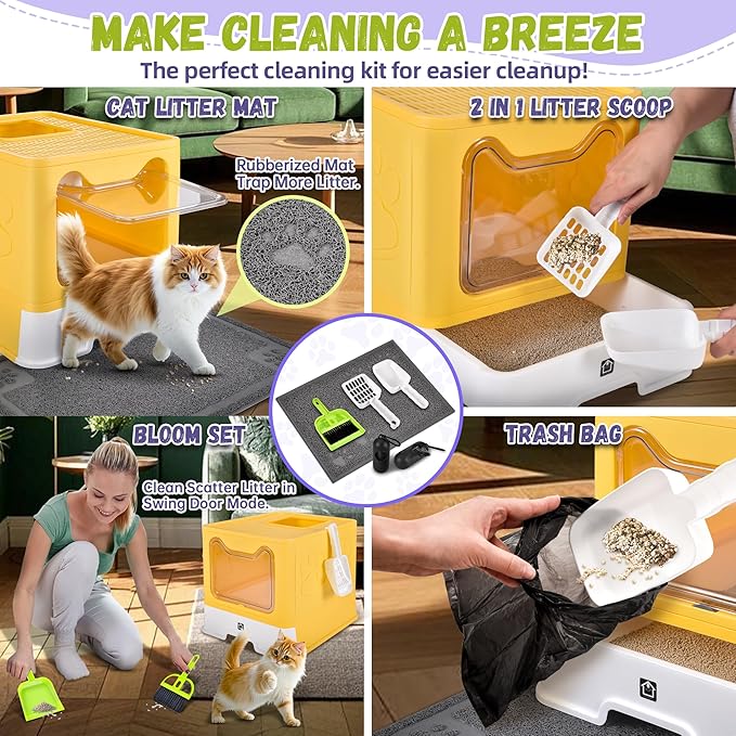 Cat Litter Box with Litter Mat, Foldable Extra Large Free in and Out/One-Way with Lid, Drawer Type Enclosed Kitty Litter Box,Odor Control Anti-Splashing Easy Cleaning (Yellow)