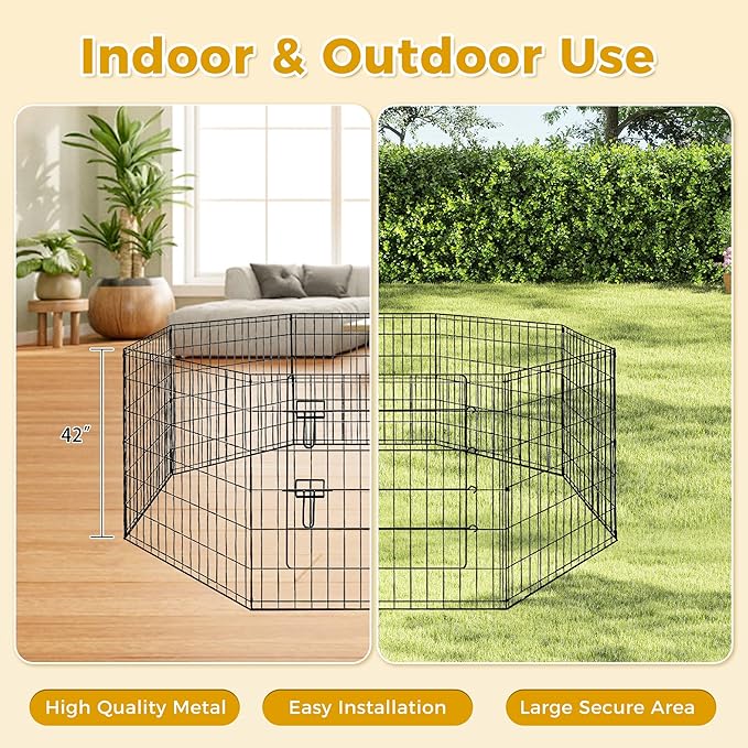 PAWZ Road Dog Playpen Foldable Metal Dog Fence with Door, Outdoor for Yard and Indoor Use Portable Design for RV and Camping- 8 Panels (24" Wide Each), 42 inch Height for Small Dogs Puppy Large Dogs