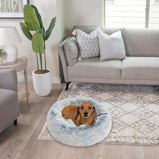 Best Friends by Sheri The Original Calming Donut Dog Bed for Small Dogs up to 25 lbs, Shag Faux Fur, Denim Blue, 23" x 23"