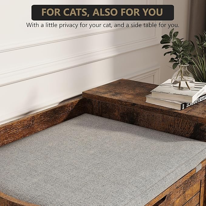 Wooden Cat Litter Box Enclosures with Storage Shelf - Hidden Litter Box Furniture for Cat with Cushion & Mat - Litter Box Cabinet