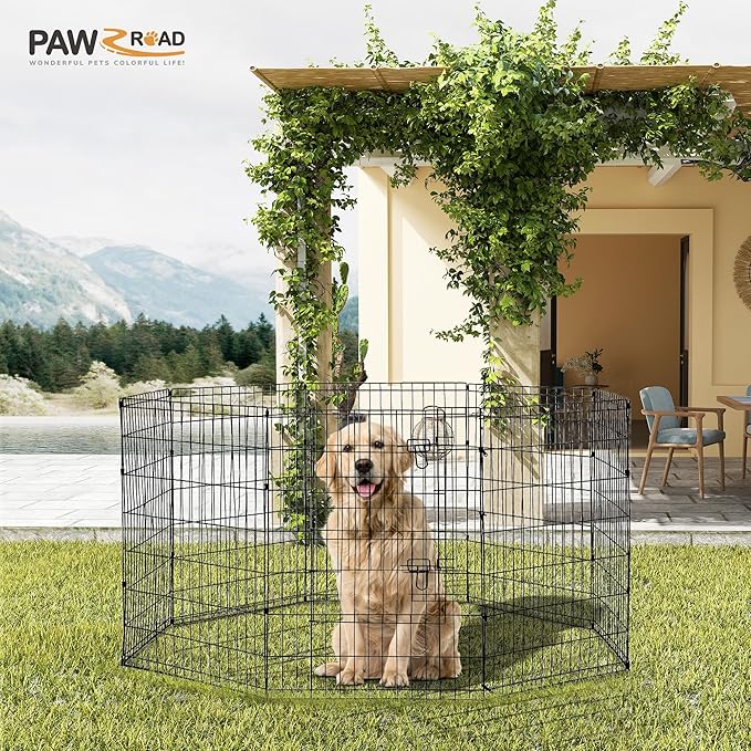 PAWZ Road Dog Playpen Foldable Metal Dog Fence with Door, Outdoor for Yard and Indoor Use Portable Design for RV and Camping- 8 Panels (24" Wide Each), 48 inch Height for Small Dogs Puppy Large Dogs