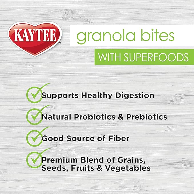 Kaytee Granola Bites with Super Foods Spinach and Kale for Pet Birds, Conure, Cockatiel, Lovebird, Parakeet, Amazon, African Grey, Ecletus, Pionus, Cockatoos and Macaws, 4.50 Ounce (Pack of 6)