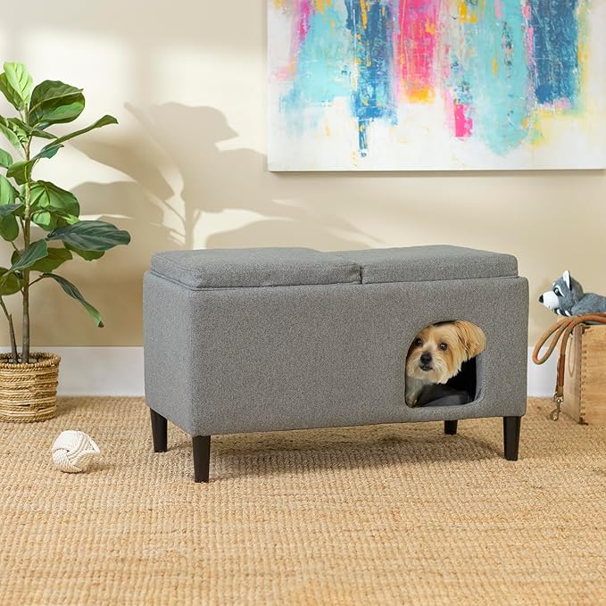 Paws & Purrs 32″ Wide Modern Dual-Purpose Ottoman & Multi-Cat Bed – Stylish 2-in-1 Footstool & Cozy Hideaway for Multiple Cats – Removable Cushioned Top, Hidden Storage, Grey