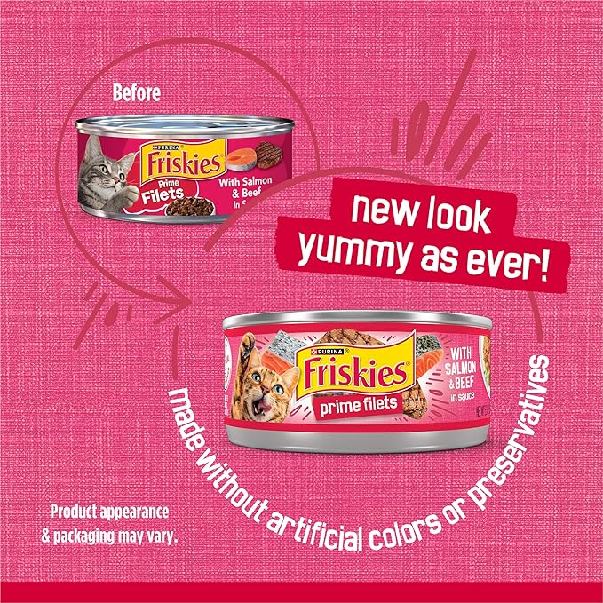 Friskies Purina Prime Filets with Salmon and Beef in Sauce High Protein Wet Cat Food - 5.5 oz. Cans (Pack of 48)