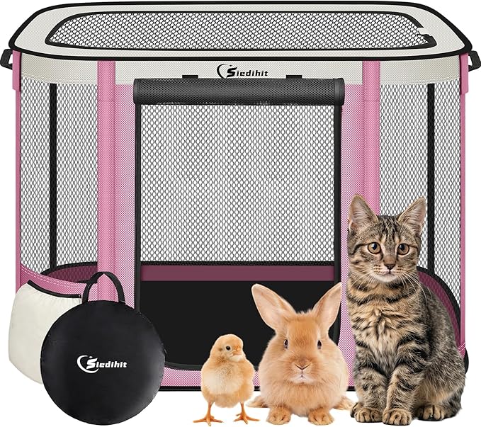 Siedihit Dog Cat Playpen Crate with Washable Pee Pad, Reinforced Durable Dog Cage, Portable Foldable Pet Kennel with Breathable Visibility (Pink, Small)