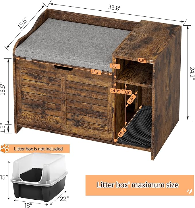 Wooden Cat Litter Box Enclosures with Storage Shelf - Hidden Litter Box Furniture for Cat with Cushion & Mat - Litter Box Cabinet