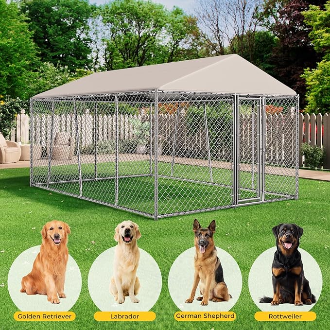 Lyromix 10 x 15FT Large Outdoor Dog Kennel with Roof, Dog Kennel Outside with Waterproof Cover, Galvanized Heavy Duty Chain Link Dog Runs Cage Playpen for Outside with Secure Lock