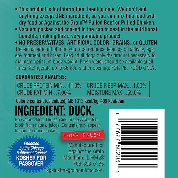 Evanger's Against The Grain Nothing Else! 100% Duck Dog Food – 12 Count, 10 oz Each – Single-Ingredient Meatloaf Texture in Natural Broth – Wet Dog Food – Grain & Gluten Free