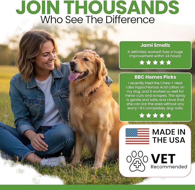 Chew + Heal Labs Hypochlorous Acid Spray for Dogs – Dog Wound Spray for Cuts, Burns, Sores, Abrasions, and More – Non Toxic and Chemical Free HOCI Wound Care – Made in The USA, 4 oz