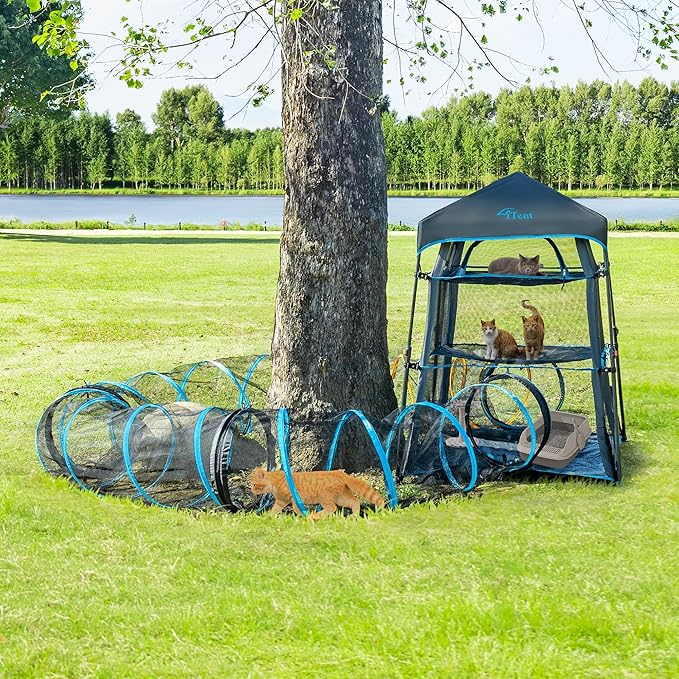 Cat Play Tunnel-for Indoors and Outdoors,Cat Tunnel Outdoor, Kitty Outdoor Enclosure, Cat Enclosures Easy to Connect with Two Zipper Doors,Product Size 59'' x 18'',3pcs /Set,Blue,3 Packs