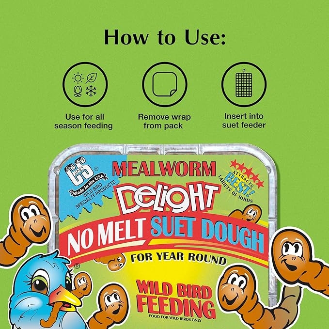 C&S Mealworm Delight No Melt Suet Dough, Suet Cakes for Wild Birds Including Robins, Blue Jays, Woodpeckers, Wrens, Bluebirds and More, 11.75 Ounces, Pack of 8