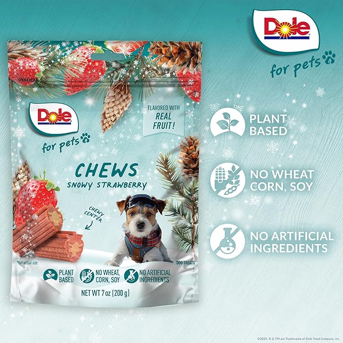 Dole for Pets Snowy Strawberry Dog Chews, Strawberry Flavored Treats with Real Fruit Powders, Vegan Plant-Based, No Wheat Corn Soy or Artificial Colors Flavors Preservatives, 7 Oz Bag