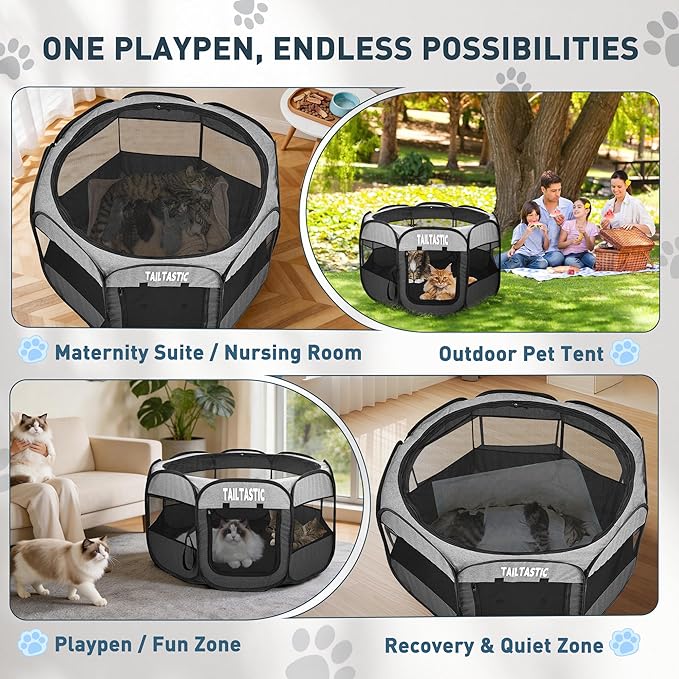 Portable Pet Playpen for Medium Dogs & Cats, Foldable Puppy Safety Pen with Removable Zipper Top, Breathable Mesh Dog Delivery Room, Indoor Isolation Cage for Pets (Light Grey, Medium)