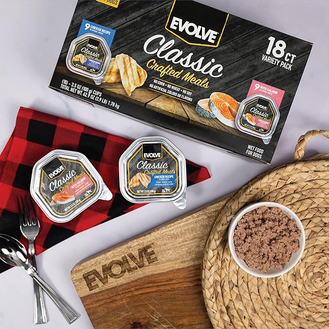 Evolve Classic Crafted Meals Cat Food Variety Pack with Salmon Recipe & Seafood Medley Recipe, 3oz (Pack of 18)