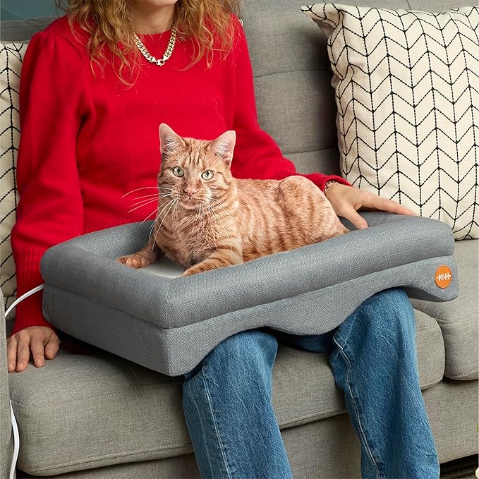 K&H Heated Cat Lap Bed - Indoor Thermo Pet Pillow Orthopedic Bolstered Lap Bed with Removable Waterproof Cat Heating Pad, Indoor Warming Couch Bed, Machine Washable, MET Listed - 23" x 15"