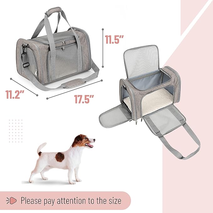 Mr. Pen- Pet Carrier, 17.5" x 11.2" x 11.5", Medium Size, Gray, Portable Travel Carrier for Small Pets, Cats & Small Dogs, Breathable Mesh, Safety Inner Leash, Side Pocket & Padded Shoulder Strap