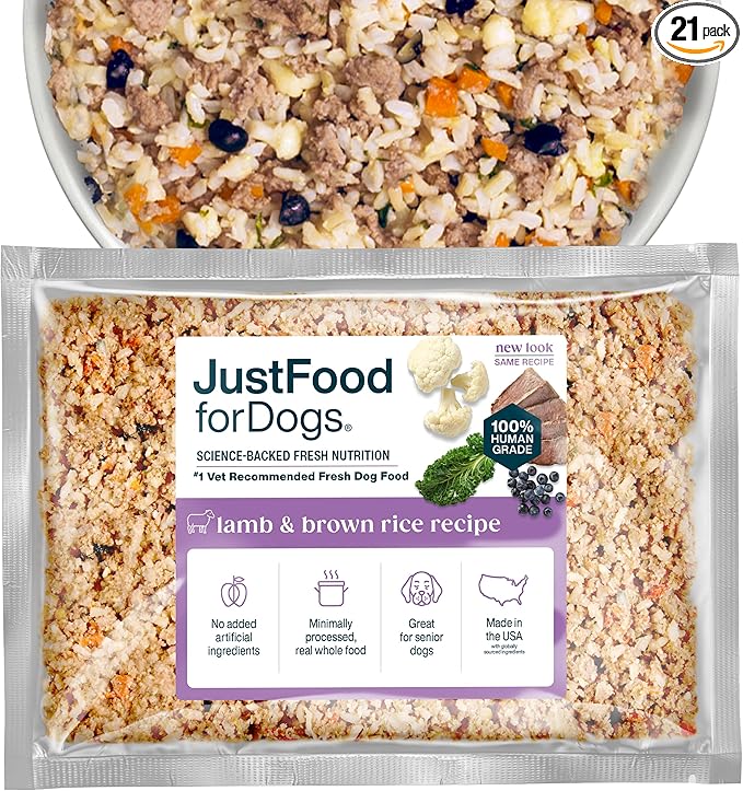 JustFoodForDogs Frozen Fresh Dog Food, Complete Meal or Topper, Lamb & Brown Rice Human Grade Dog Food Recipe,18 oz (Pack of 21)