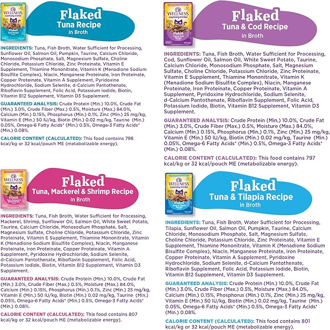 Wellness Appetizing Entrées Flaked Adult Wet Cat Food, Natural, Protein-Rich, Grain Free, 1.4 Ounce Pouch, 8 Pack (Seafood Variety Pack)