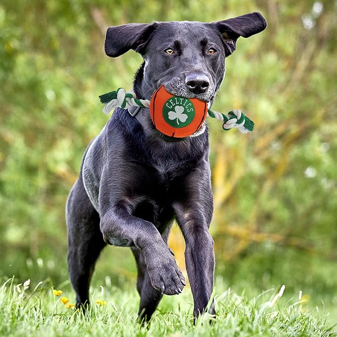 NBA BOSTON CELTICS Basketball Toy. - Tough Nylon Pet Toy with Tug Ropes & inner Squeaker