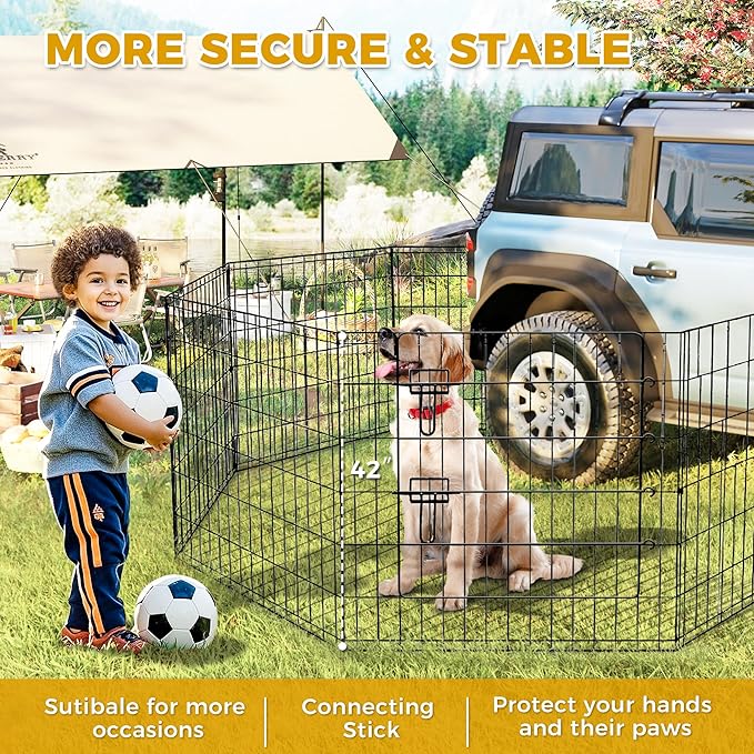 PAWZ Road Dog Playpen Foldable Metal Dog Fence with Door, Outdoor for Yard and Indoor Use Portable Design for RV and Camping- 8 Panels (24" Wide Each), 42 inch Height for Small Dogs Puppy Large Dogs