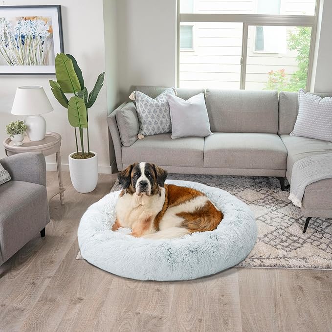Best Friends by Sheri The Original Calming Donut Dog Bed for Extra-Large Dogs up to 150 lbs, Shag Faux Fur, Frost Gray, 45" x 45"