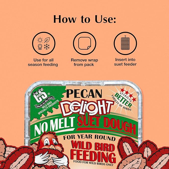 C&S Pecan Delight No Melt Suet Dough, Suet Cakes for Wild Birds Including Nuthatches, Woodpeckers, Chickadees and More, 11.75 Ounces, Pack of 8