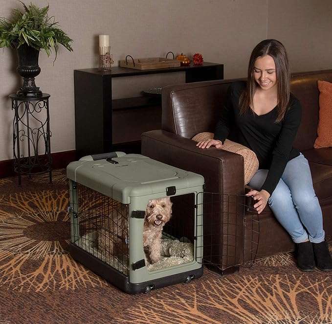 Pet Gear “The Other Door” 4 Door Steel Crate for Dogs/Cats with Garage-Style Door, Includes Plush Bed + Travel Bag, No Tools Required, Willow, 27 Inch