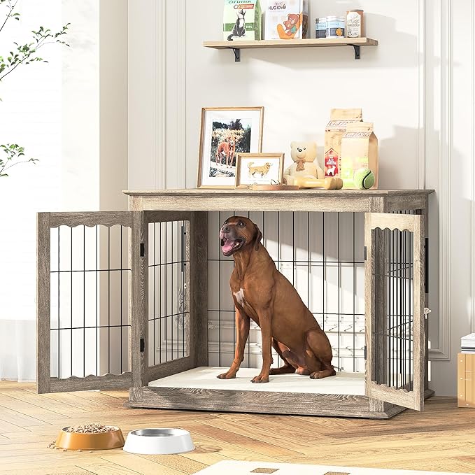Dog Crate Furniture with Cushion,Dwell Living 32 inch Wooden Kennel Table with Double Doors, Indoor Dog House End Table for Small/Medium Dog, Grey (32x23x26in)