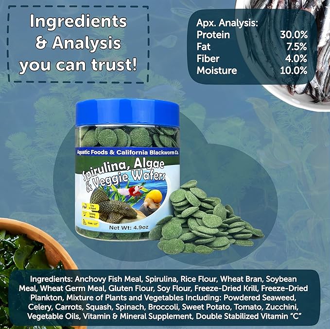 12mm - 1/2" Small Sinking Wafers of Spirulina, Algae & Veggies for Plecos, Catfish, Shrimp, Snails, Crabs, Crayfish, 12-Type Pellet Mix & 4-Type Wafer Mix Included..4.9oz Canister