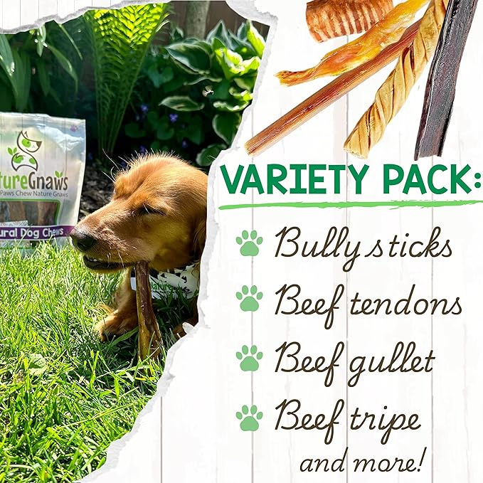 Nature Gnaws Variety Pack for Small Dogs (12 Count) - Bully Sticks, Beef Tendons and Tripe Twists for Dogs - Natural Long Lasting Beef Dog Chew Bones - Rawhide Free
