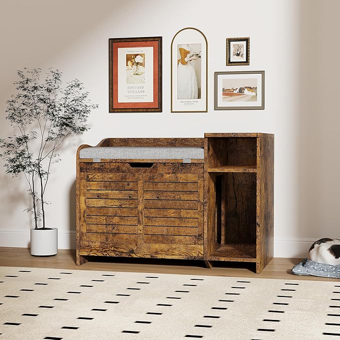 Wooden Cat Litter Box Enclosures with Storage Shelf - Hidden Litter Box Furniture for Cat with Cushion & Mat - Litter Box Cabinet